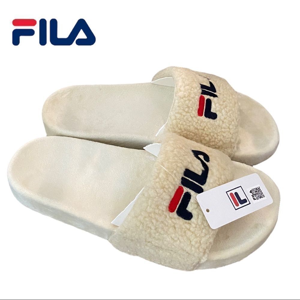 NEW Fila Cream Ivory Fuzzy Sport Slide Sandals 8 10 11